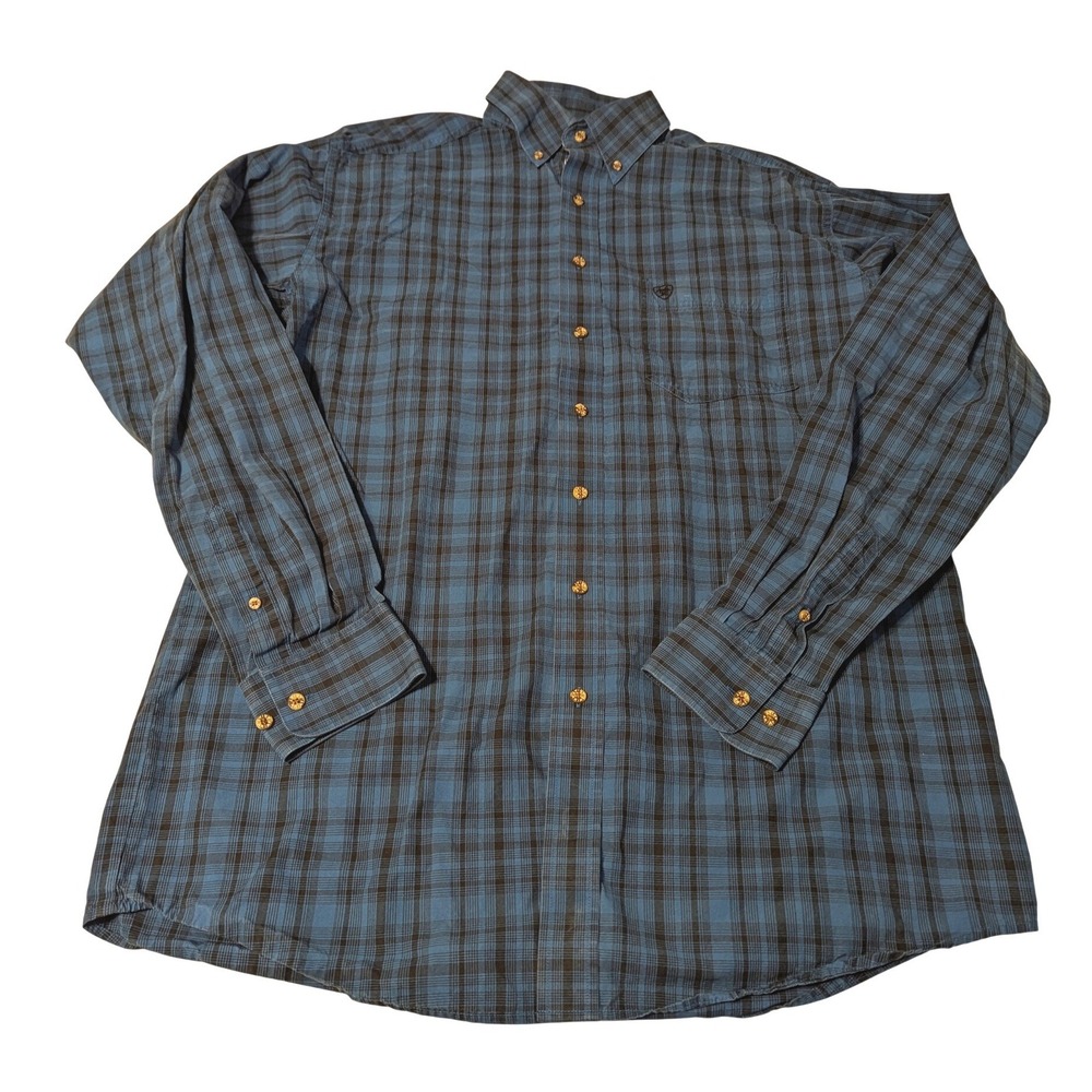 Ariat Pro Series Mens Blue Black Plaid Long Sleeve Button Down Shirt Size LT